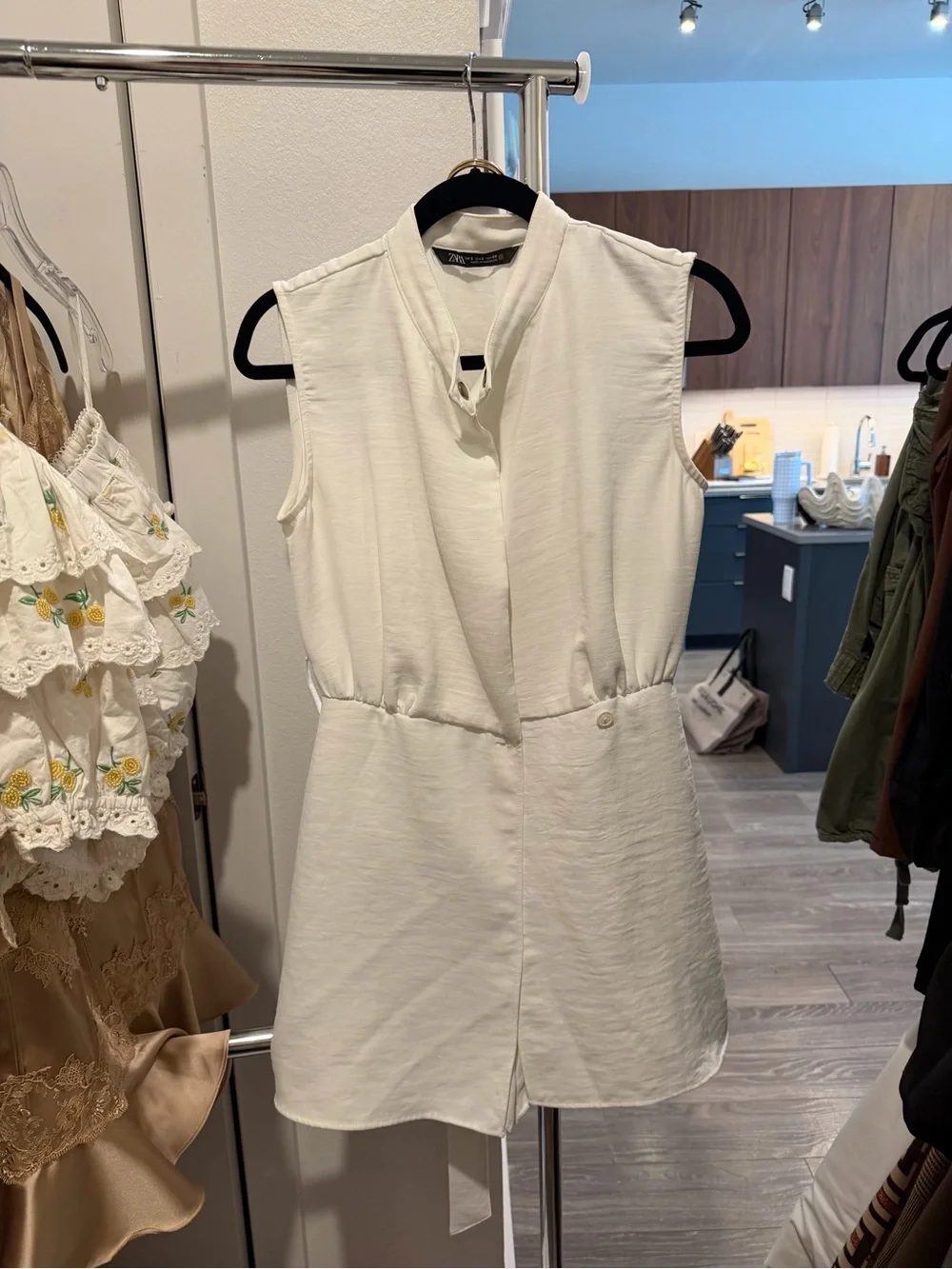 Zara White Sleeveless Belted Linen Romper